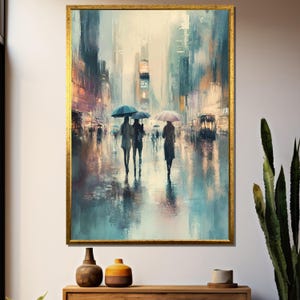 Abstract Rainy City Street Painting - People Walking with Umbrellas in Times Square - Soft Pastel Tones Wall Art for Modern Urban Decor