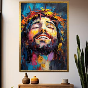 Jesus Crown of Thorns Canvas Painting – Modern Expressionist Christian Wall Art Gift for Faithful Home or Spiritual Inspiration