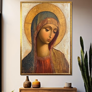 Virgin Mary Icon Canvas Painting – Byzantine Style Religious Wall Art for Prayer Room or Catholic Gift for Loved Ones