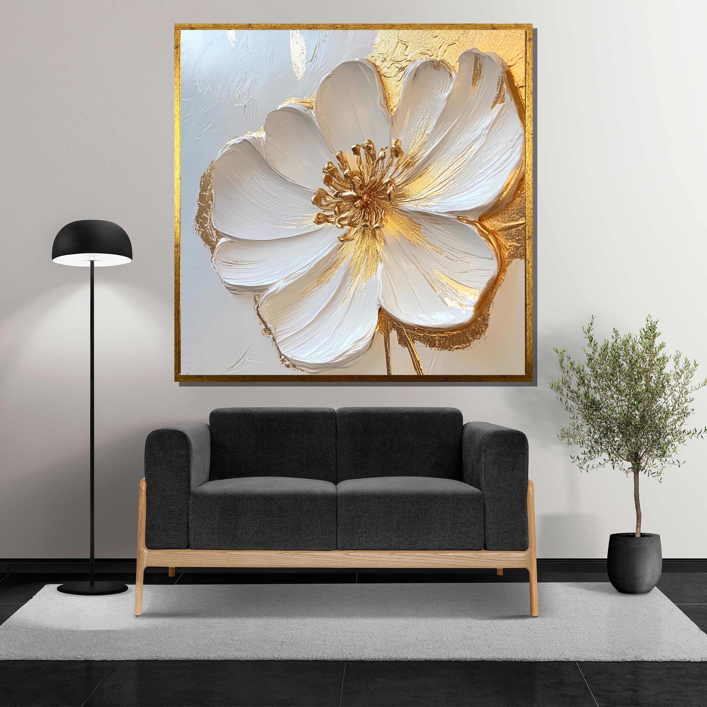 Luxury White and Gold Flower Wall Art - Modern Canvas Painting With ...