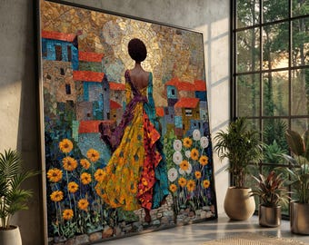 Colorful African Woman Walking, Mosaic Style Canvas Wall Art, Vibrant Floral Dress, Village Landscape Decoration, Ethnic Home Decor