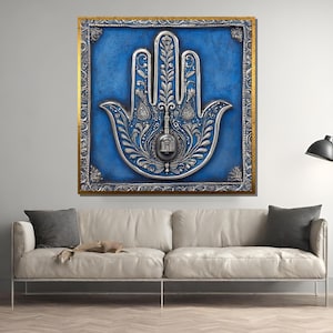Blue and Silver Hamsa Wall Art | Intricate Hand of Fatima Protection Decor | Symbolic Home Blessing Amulet for Positive Energy