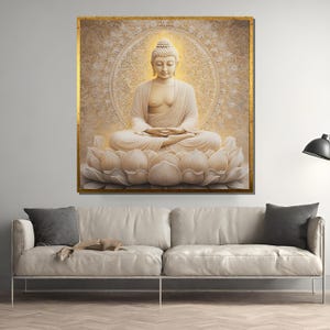 Quadro da parete con Buddha dorato, Buddha sereno seduto su tela di loto, decorazione per meditazione spirituale, poster con statua buddista sacra, stampa per la casa zen