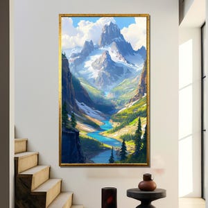 Arte de paisaje de río de montaña caprichoso: impresión de naturaleza colorida estilo caricatura con picos y valles majestuosos, decoración de pared de fantasía para niños.