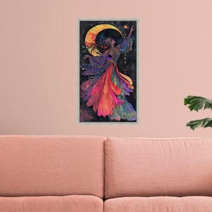 Mystical Lunar Dance Canvas, Bohemian Woman Art, Colorful Flowing Dress, Moonlight Wall Art, Fantasy Home Decor, Vibrant Spiritual Painting Silver Frame