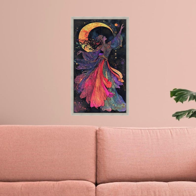 Mystical Lunar Dance Canvas, Bohemian Woman Art, Colorful Flowing Dress, Moonlight Wall Art, Fantasy Home Decor, Vibrant Spiritual Painting Silver Frame