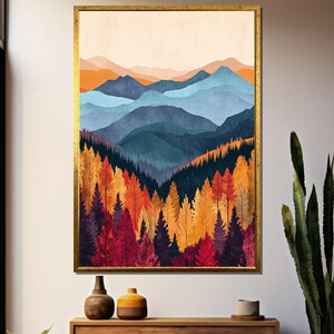 May include: A digital painting of a mountain landscape with a forest in the foreground. The mountains are a gradient of blue and purple, and the forest is a mix of red, orange, and yellow.