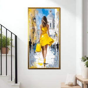 Woman in Yellow Dress Canvas Painting – Modern City Stroll Oil Art on Canvas, Elegant Urban Wall Decor, Ideal Gift for Her or Home