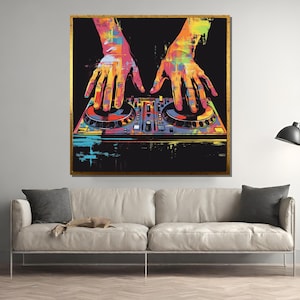 Colorful DJ Hands Abstract Art, Music Mixer Canvas Print, Vibrant DJ Booth Wall Decor, Modern Party Poster