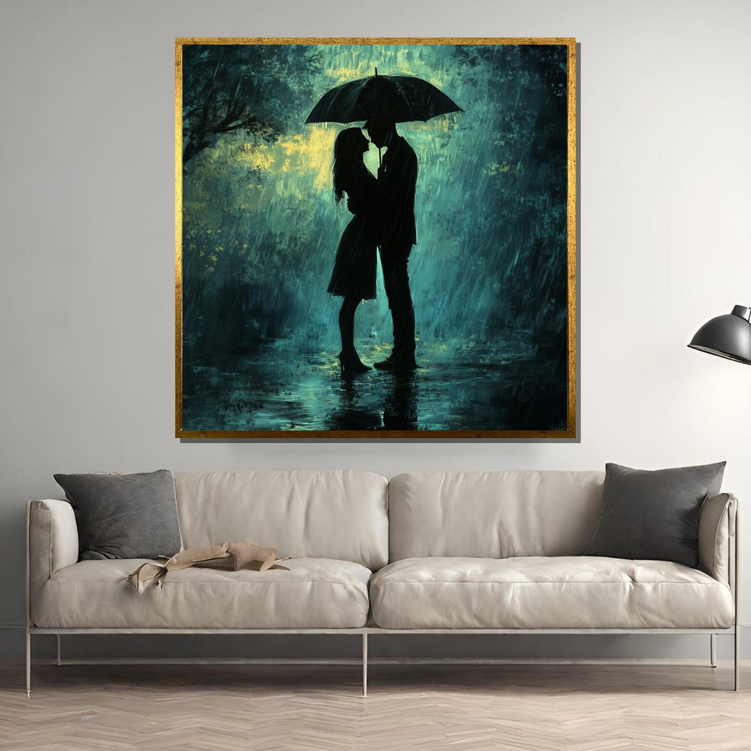 Romantic Couple Kissing in Rain – Intimate Silhouette Under Umbrella ...