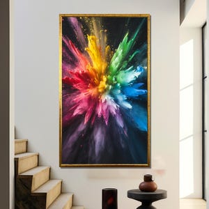 フライスティーンの「Exploding Rainbow Paint on Black」 - 色彩愛好家のための鮮やかな抽象画スプラッシュキャンバスアート