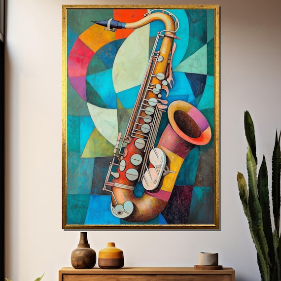 Colorful Cubist Saxophone Art, Abstract Jazz Wall Decor
