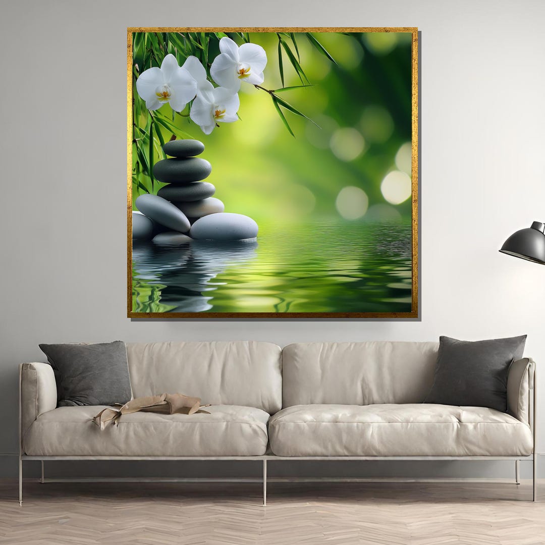 Zen Garden Stones and White Orchids on Bamboo Water Reflection | Serene ...