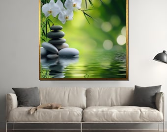 Zen Garden Stones and White Orchids on Bamboo Water Reflection | Serene Spa Wall Art | Nature Tranquility Home Decor