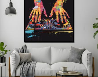 Colorful DJ Hands Abstract Art, Music Mixer Canvas Print, Vibrant