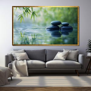 Zen Stones Wall Art, Peaceful Bamboo Pond Print, Tranquil Nature Canvas, Calming Green Zen Decor for Meditation Room