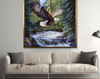 Majestic Eagle Canvas Painting Over River – Powerful Wildlife Wall Art – Nature Gift for Cabin or Rustic Home Decor