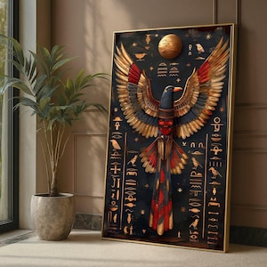 Ägyptische Mythologie Vogel Leinwand Wandkunst, altes ägyptisches Falken-Design, Hieroglyphen-Wanddekor, Pharao-Symbol-Leinwand, Goldakzent-Wand