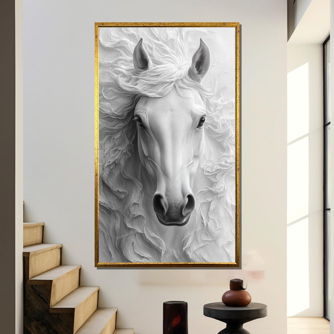 Majestic White Horse Wall Art, Realistic White Stallion Portrait