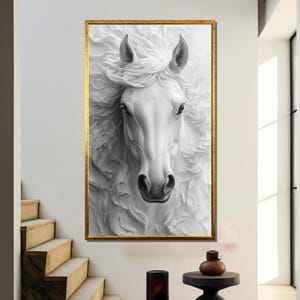 Majestic White Horse Wall Art, Realistic White Stallion Portrait Canvas, Elegant Horse Painting, Graceful Animal Art for Home Decor
