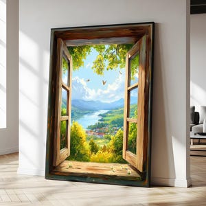 Scenic Window View Overlooking River, Mountains and Village – Bright and Peaceful Landscape Canvas Painting Gift