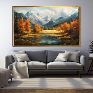 Golden Autumn Landscape with Snowy Mountains and River - Serene Wide Canvas Painting - Fall Forest Scenery Wall Art for Nature Lovers