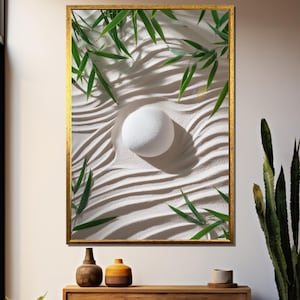 White Zen Stone in Sand Garden with Bamboo Shadows | Minimalist Tranquil Wall Art | Serene Zen Home Decor