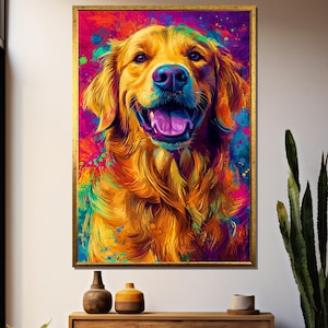 Colorful Golden Retriever Wall Art, Vibrant Dog Portrait Canvas, Bright Pop Art Dog Painting, Happy Pet Lover Gift, Playful Dog Decor
