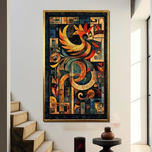 Arte mural con motivo de pájaro armenio: diseño simbólico de fénix con letras tradicionales en colores vibrantes, lienzo geométrico cultural.