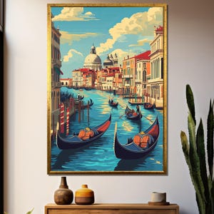 Vintage Venice Travel Poster – Stylized Gondolas on Grand Canal with Historic Architecture, Retro Wall Art for Italy Lovers