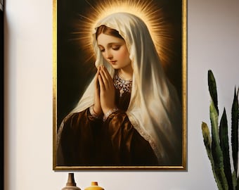 Our Lady of Grace Canvas Painting – Elegant Virgin Mary Wall Art Gift for Religious Home Decor and Catholic Devotional Spaces