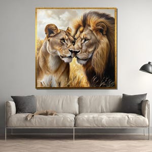 Majestic Lion and Lioness Love Canvas Art - Realistic Wildlife Animal Wall Decor Gift