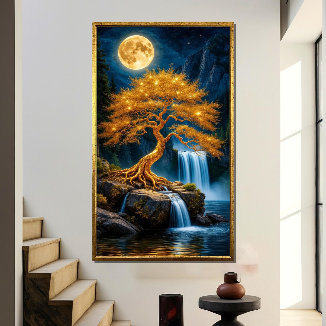 Dreamy Magical Golden Moonlit Waterfall Tree on Canvas – Ethereal ...