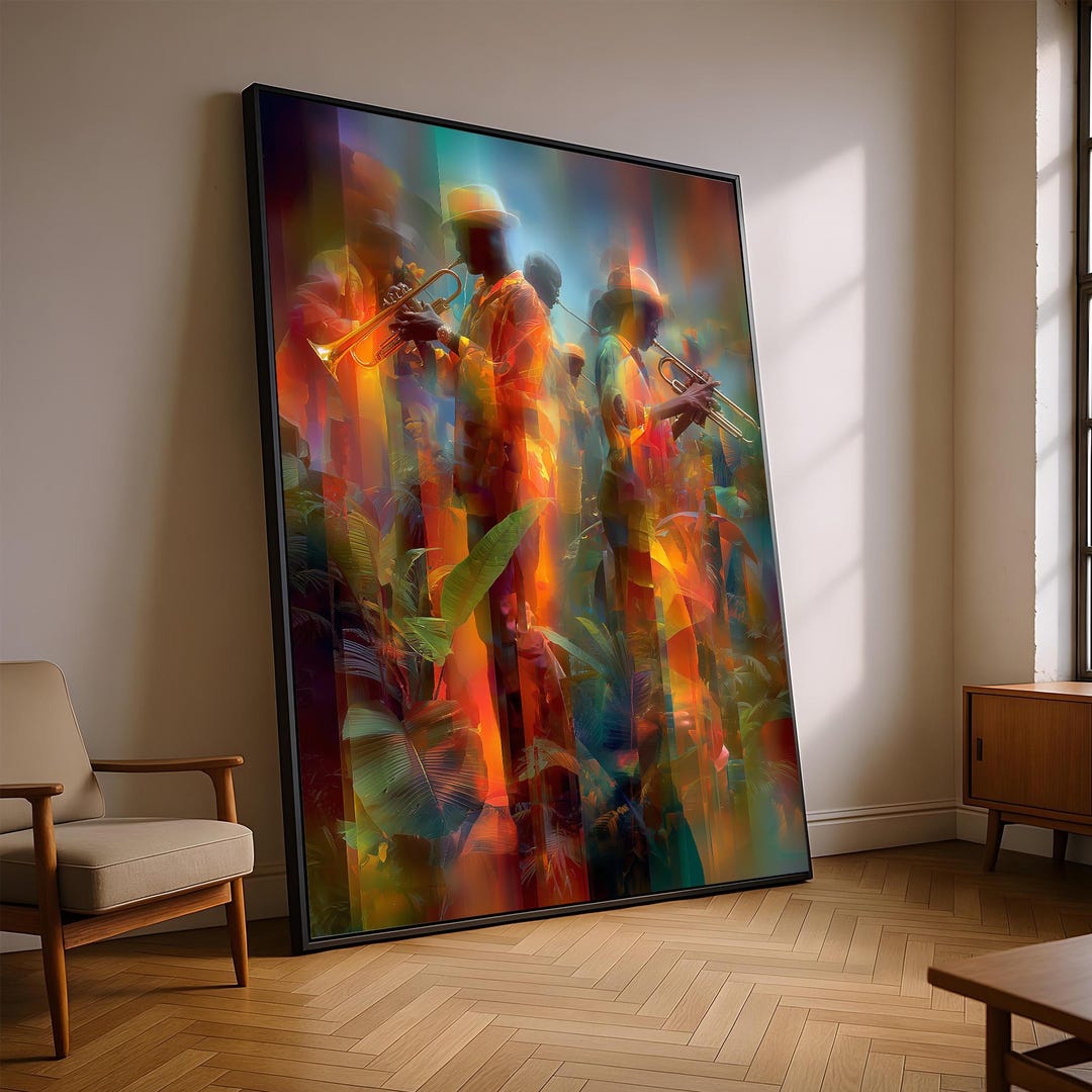 Vibrant Jazz Musicians Playing Trumpets in Tropical Abstract Colors ...