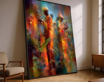 May include: Large framed art print featuring a vibrant, abstract depiction of musicians playing trumpets. The artwork uses a palette of warm colors, including orange, red, and yellow, with hints of green. The musicians are silhouetted, wearing hats and playing their instruments.