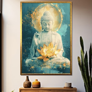 Goldene Lotus Buddha Wand Kunst | Ruhige spirituelle Leinwand | Zen Meditation Dekor | Erleuchtung Home Poster | Serene Sakrales Kunstwerk