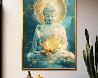 Golden Lotus Buddha Wall Art | Tranquil Spiritual Canvas | Zen Meditation Decor | Enlightenment Home Poster | Serene Sacred Artwork