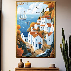 Charming Coastal Village with Sailboat and Autumn Trees - Colorful Seaside Town Canvas Art - Mediterranean Inspired Wall Decor