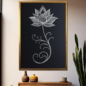 Elegant White Lotus Line Art - Minimalist Floral Wall Art on Black Background - Modern Botanical Print for Home, Yoga Studio or Office