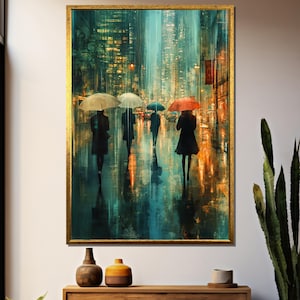 Vibrant Abstract Rainy Street Scene Painting - Four People with Colorful Umbrellas Walking in Night City Lights - Urban Wall Art Canvas