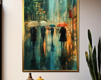 Vibrant Abstract Rainy Street Scene Painting - Four People with Colorful Umbrellas Walking in Night City Lights - Urban Wall Art Canvas