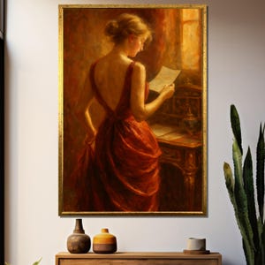 Mujer solitaria con un vestido carmesí sin espalda leyendo una carta junto a una ventana iluminada por el sol en un interior íntimo de tonos dorados y cálidos.