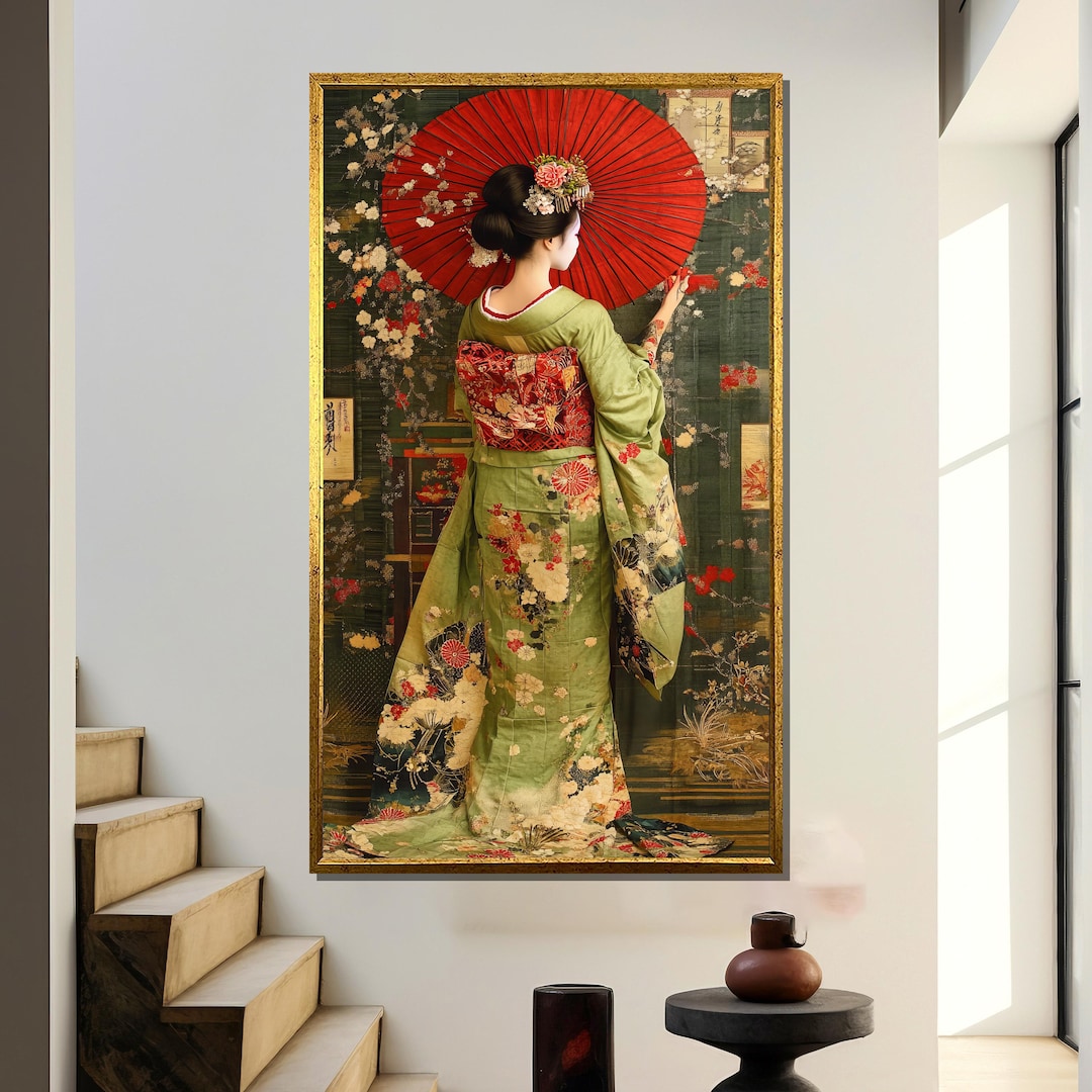 Japanese Geisha Canvas Wall Art, Elegant Kimono Print With Red Umbrella ...