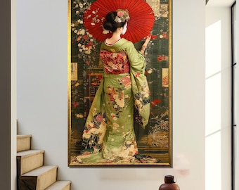 May include: A woman in a green and floral kimono holds a red and white umbrella. The background is a traditional Japanese scene with gold accents.