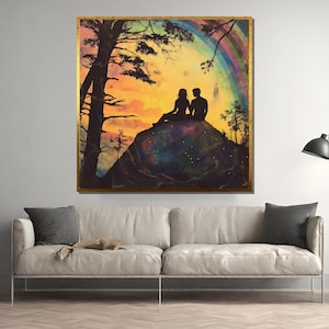 Silhouette Couple Sunset Wall Art – Romantic Rainbow Sky Print, Starry Night Forest Canvas for Nature-Inspired Love Home Décor