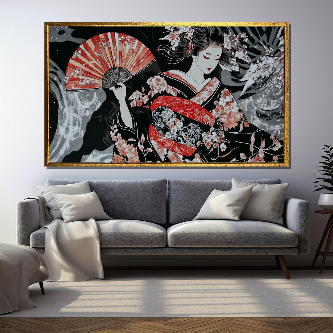 Japanese Kimono Woman Canvas Art, Elegant Geisha With Fan and Floral ...