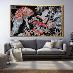 Japanese Kimono Woman Canvas Art, Elegant Geisha with Fan and Floral Kimono, Traditional Asian Wall Decor for Cultural Interiors