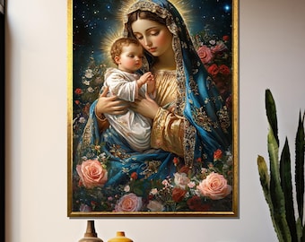 聖母マリアと眠る幼子イエスのカトリックキャンバス壁アート、キリスト