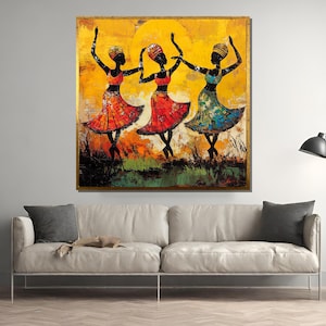 Vibrant African Women Dancing Canvas | Tribal Folk Dance Wall Art | Colorful Cultural Celebration Painting
