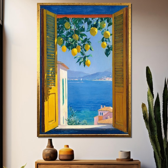 Mediterranean Lemon Tree View From Window Overlooking Blue Sea and